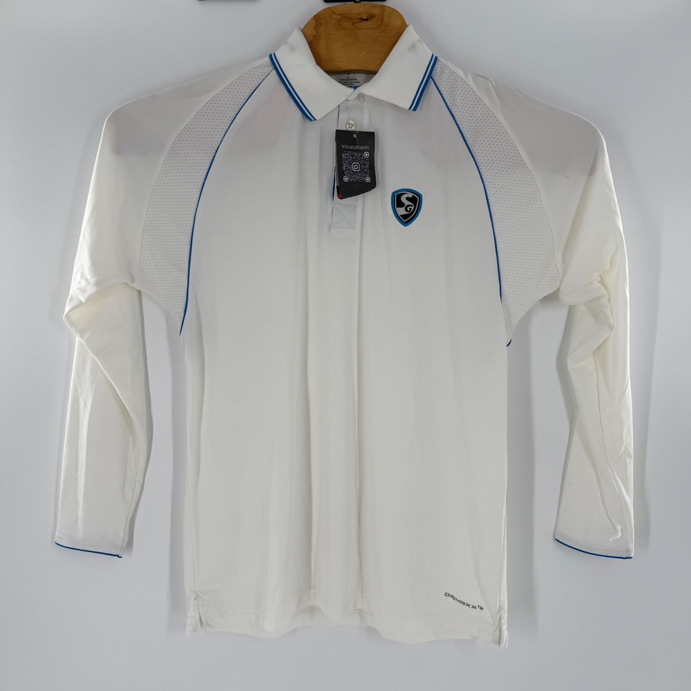 SG Premium 2.0 Cricket Shirt Mens Large White Blue Long Sleeve Dri-Maxx Polo